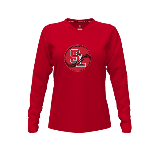 [FTLVCFRD-FYXS-LOGO1] Decker Comfort T-Shirt (Female Youth XS, Red, V Neck, Logo 1, Long Sleeve)